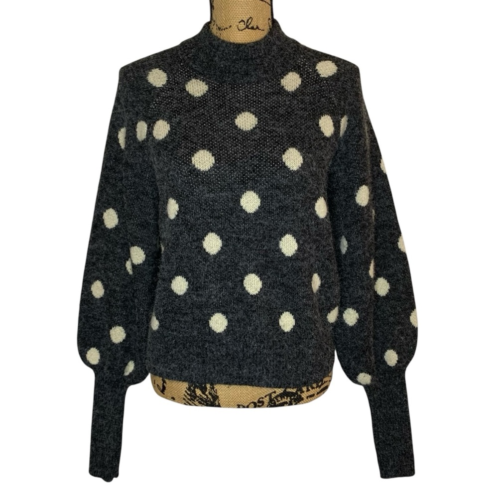 Blank NYC Black and Cream Polka Dot Ballon Tapered Sleeves Crewneck Sweater